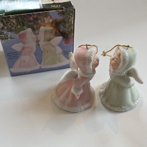 Angel Bell Ornaments - Kissing Angel Bell Ornament Figure Set With Glitter Trim